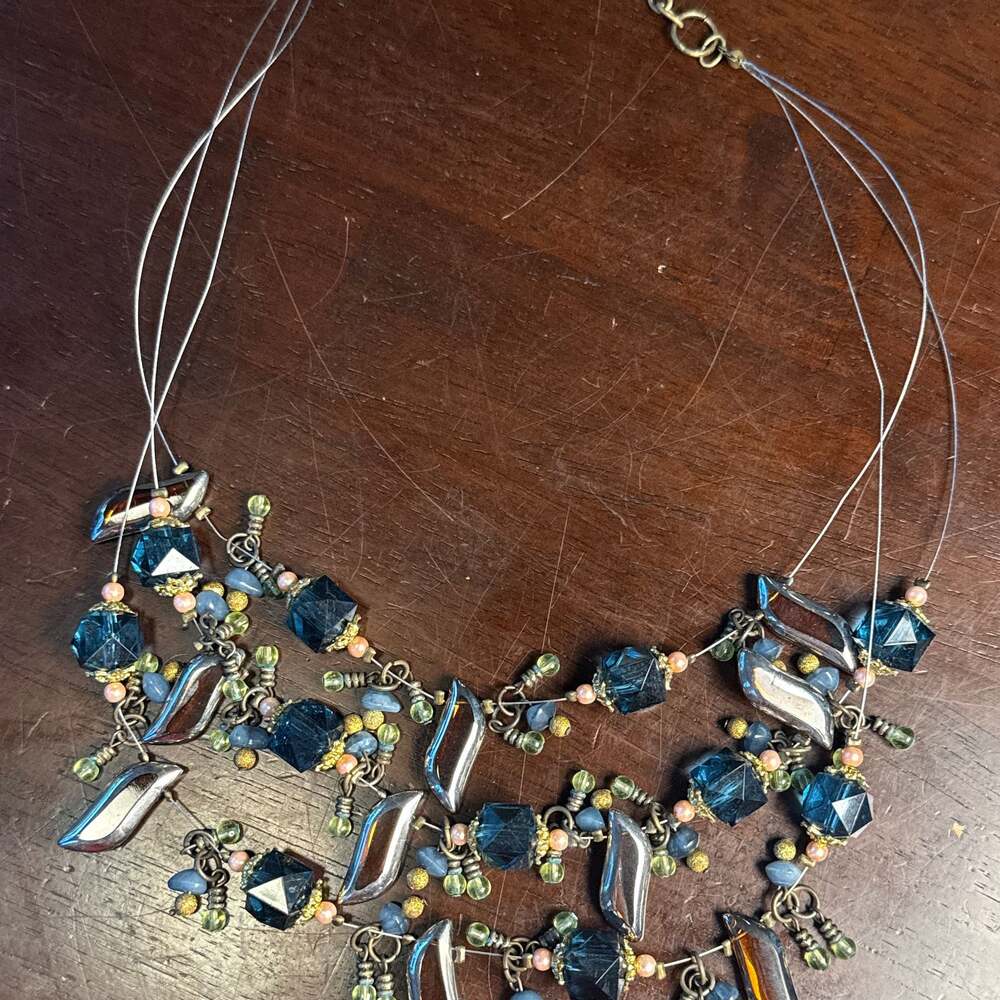 Chico's Multi-Strand Blue and Bronze Glass Beaded Bib Necklace